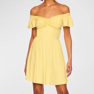 Susana Monaco Off-shoulder Flutter-sleeve Gathered Mini Dress Lemon Zest Medium